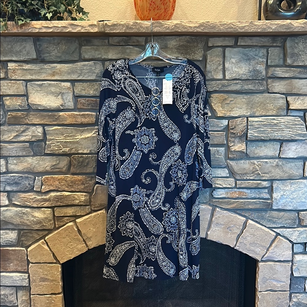 NWT MSK Navy Blue Paisley Dress - Size L.